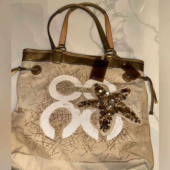 Coach Limited Edition Audrey Canvas Leigh Embellished Gold Starfish Tote 17024 - Picture 4 of 10